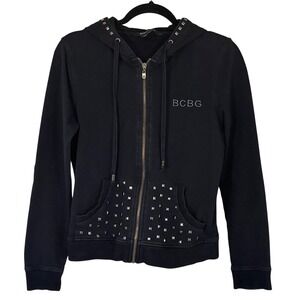 BCBGMaxAzria Black Y2K Gold Studded Full Zip Up Track Lounge Hoodie Size Medium